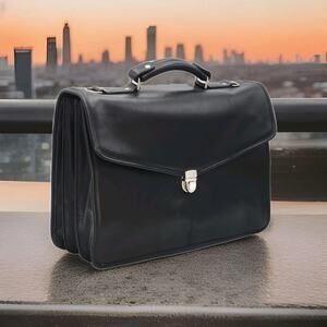 Leather Briefcase Business Bag vintage mens solid black